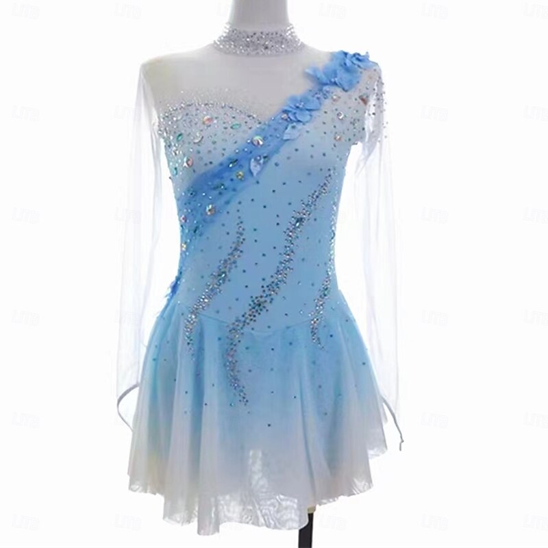 Figure Skating Dress Women's Girls' Ice Skating Dress Blue Thumbhole Halo Dyeing Mesh Spandex Stretchy Training Practice Professional Skating Wear Thermal Warm Classic Crystal / Rhinestone Long Sleeve