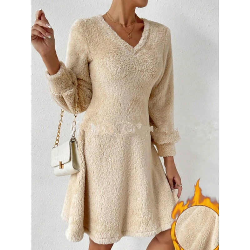 Women's Casual Dress Mini Dress Patchwork Casual V Neck Long Sleeve Black Apricot Gray Color