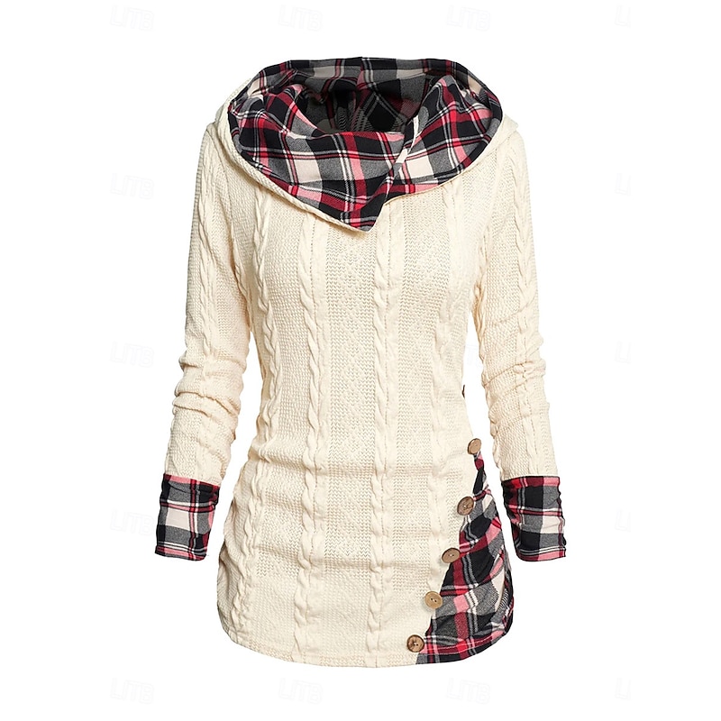 Women's Sweater Pullover Sweater Jumper Casual Soft Plaid Ribbed Hooded Patchwork Knitted Long Sleeve Regular Tops Knit Outdoor Daily Weekend Wine Beige Fall Winter4