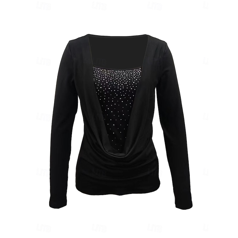 Women's Shirt Sequin Sparkly Party Solid Color Basic Casual Long Sleeve Crew Neck Regular Tops Daily Patchwork Black Wine Green Fall Winter 6