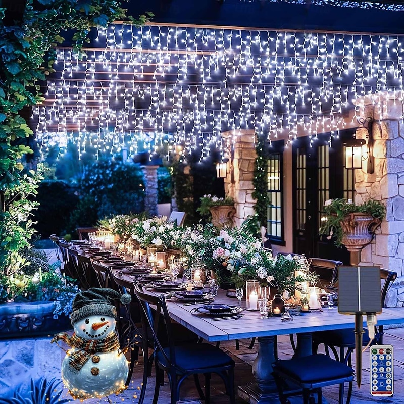 10M 400Leds Solar Icecle Curtain String Lights Christmas Outdoor Courtyard Garden Eaves Fence Stairs Festive Atmosphere Decorative Light String3