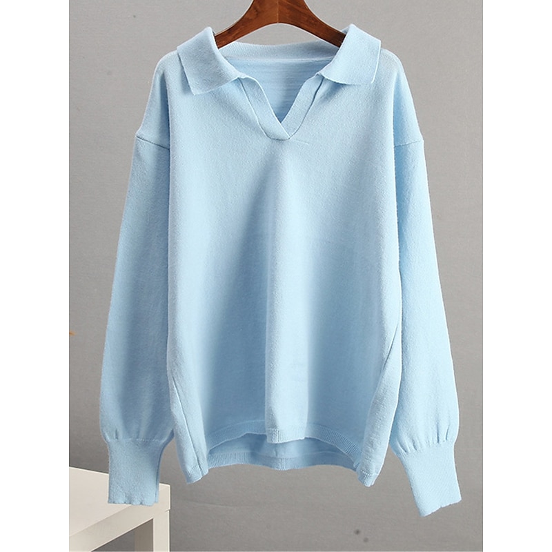 Women's Sweater Pullover Sweater Jumper Casual Soft Pure Color Ribbed Shirt Collar Knitted Long Sleeve Regular Tops Knit Outdoor Daily Weekend White Green Fall Winter3