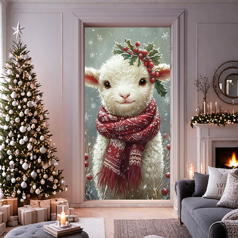 Christmas Door Decorations Door Covers Xmas Sheep Door Tapestry Door Curtain Decoration Backdrop Indoor/Outdoor Door Banner for Front Door Farmhouse2