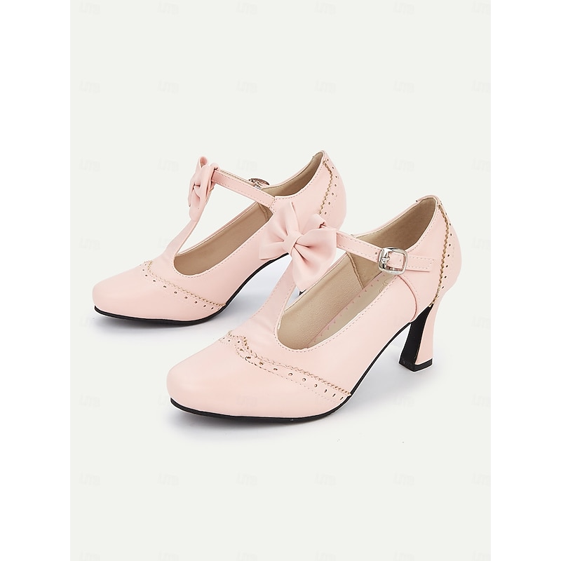 Women's Vintage Pink Bow T-Strap Heels - Classic Mid Heel Dress Shoes with Buckle Strap for Weddings, Parties, and Formal Events - Main Image