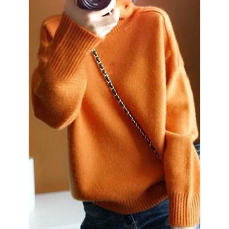 Women's Sweater Pullover Sweater Jumper Casual Soft Pure Color Ribbed Turtleneck Knitted Long Sleeve Regular Tops Knit Outdoor Daily Weekend Navy Blue Orange Fall Winter3