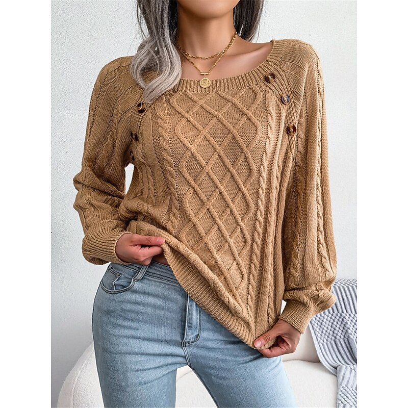 Women's Sweater Pullover Sweater Jumper Casual Soft Pure Color Ribbed Square Neck Buttons Knitted Long Sleeve Regular Tops Knit Outdoor Daily Weekend White Khaki Fall Winter3