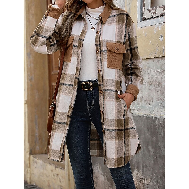 Women's Winter Jacket Coat Outdoor Street Daily Wear Fall Winter Long Coat Regular Fit Thermal Warm Breathable Stylish Casual Jacket Long Sleeve Stripes and Plaid with Pockets Print Wine Coffee Gray3