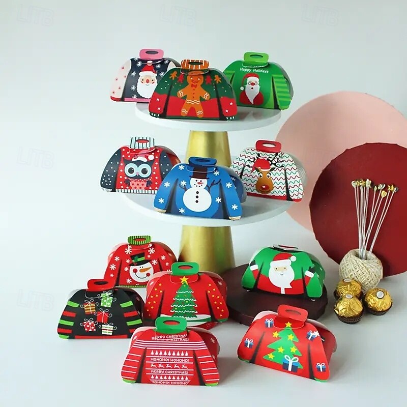 48 Pcs Christmas Ugly Sweater Treat Boxes with Handle Christmas Tree Santa Claus Snowman Gingerbread Goodies Candy Gift Paper Boxes for Christmas Gifts4
