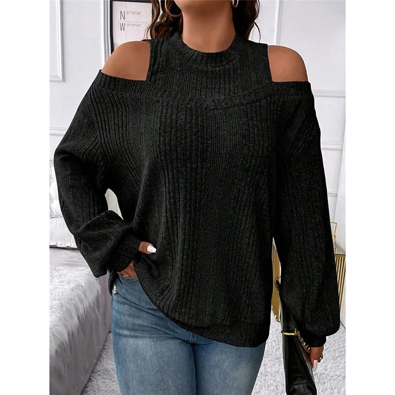 Women's Sweater Pullover Sweater Jumper Casual Soft Striped Ribbed Crew Neck Knitted Cold Shoulder Long Sleeve Regular Tops Knit Outdoor Daily Weekend Black Red Fall Winter2