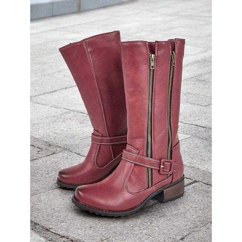 Women's Mid-Calf Faux Leather Boots with Double Zipper and Buckle Strap – Casual Western Style for Outdoor and Everyday Wear3