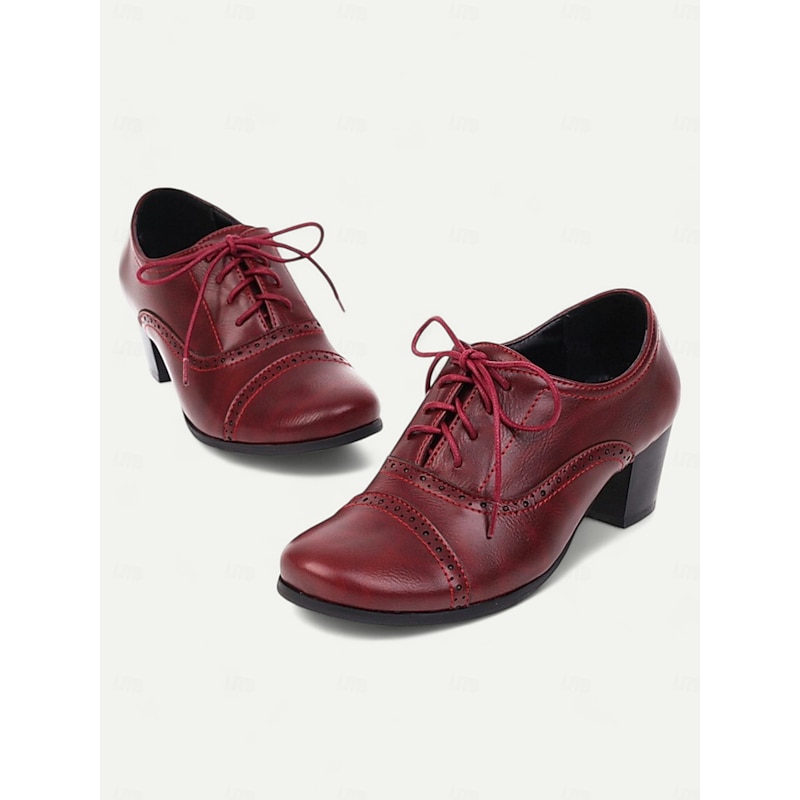Women's Brown Oxford Shoes with Lace-Up & Brogue Detailing - Classic Mid-Heel for Professional & Vintage Casual Wear