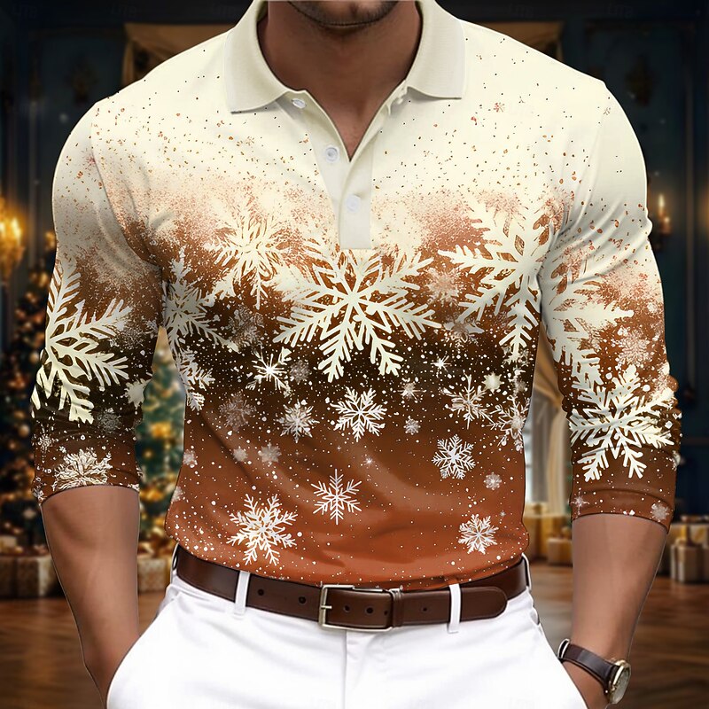 Christmas Men's Snowflake Polo Shirts Golf Polos Shirts Long Sleeve Polo Shirts Collar Casual Vacation Event / Party Dailywear 3D Print Buttons Spring Fall & Winter Black Yellow Red2