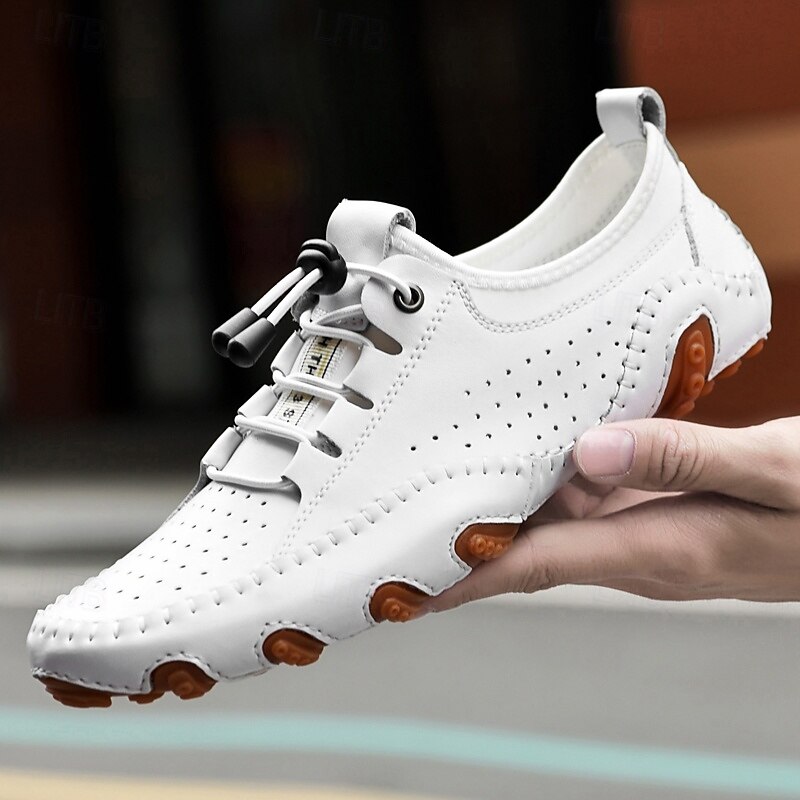 Men's White Perforated Casual Shoes with Hand-Stitched Detailing, Breathable Mesh Upper and Comfortable Slip-On Design3