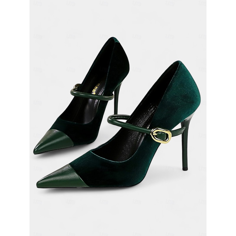 Women's Burgundy Velvet Pointed Toe Stiletto Heels – Elegant High Heels with Gold Buckle for Formal and Evening Wear