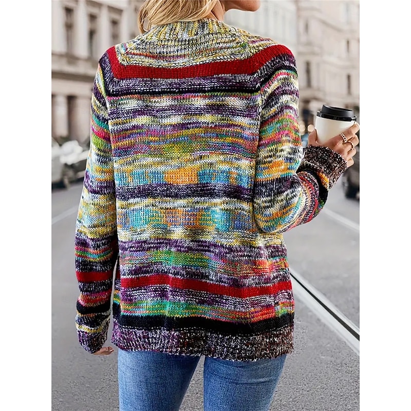 Women's Sweater Cardigan Vintage Casual Soft Rainbow Ribbed Open Front Knitted Long Sleeve Regular Tops Knit Outdoor Daily Weekend Rainbow Fall Winter2