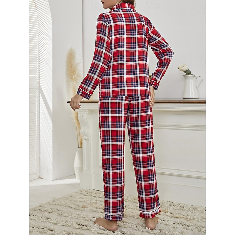 Women's Loungewear Set Plaid Pattern Red White Casual Home Comfort Long Sleeve Drawstring Pants Soft Breathable Fabric All-Season Cozy Relaxing Fit Sleepwear Pajamas Home Outfits2