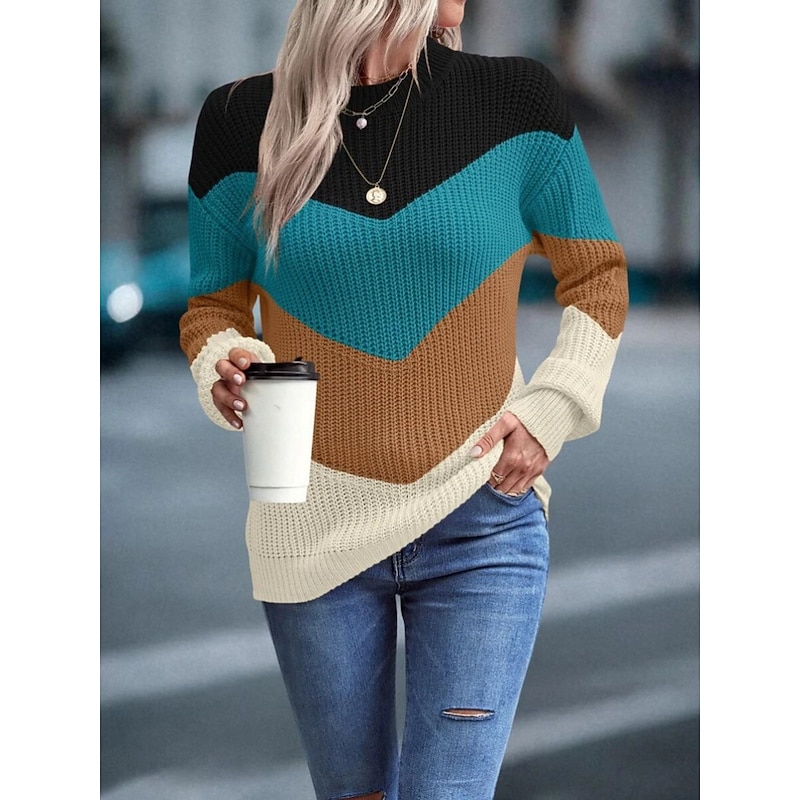 Women's Sweater Pullover Sweater Jumper Casual Soft Color Block Ribbed Crew Neck Knitted Long Sleeve Regular Tops Knit Outdoor Daily Weekend Fuchsia Green Fall Winter