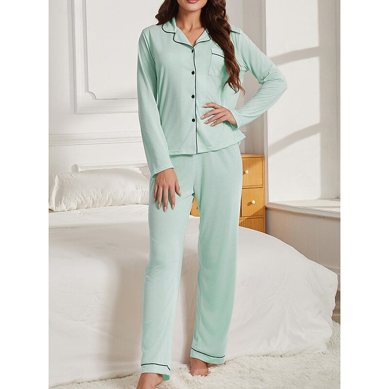 Women's Pajama Set Pure Color Casual Comfort Home Daily Comfort Warm Lapel Long Sleeve Shirt Pant Button Up Elastic Waist Fall Winter Home Outfits 8