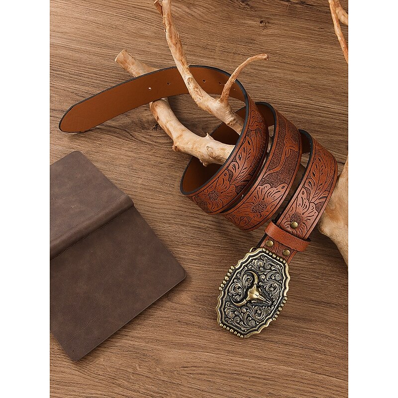 Men's Western Faux Leather Belt with Embossed Floral Design and Bull Head Buckle – Vintage Cowboy Style4