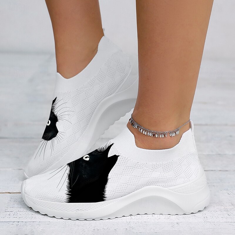 Women's White Slip-On Sneakers with Black Cat Print - Breathable Flyknit Casual Shoes for Everyday Comfort and Style2