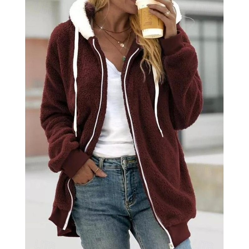 Women's Casual Jacket with Pockets Solid Color Warm Stylish Loose Fit Outerwear Long Sleeve Fall Burgundy S4