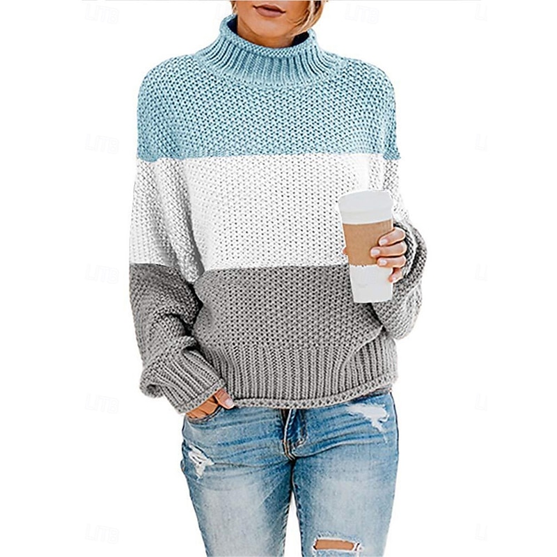 Women's Sweater Pullover Sweater Jumper Casual Soft Striped Ribbed Stand Collar Patchwork Knitted Long Sleeve Regular Tops Knit Outdoor Daily Weekend Black Red Fall Winter