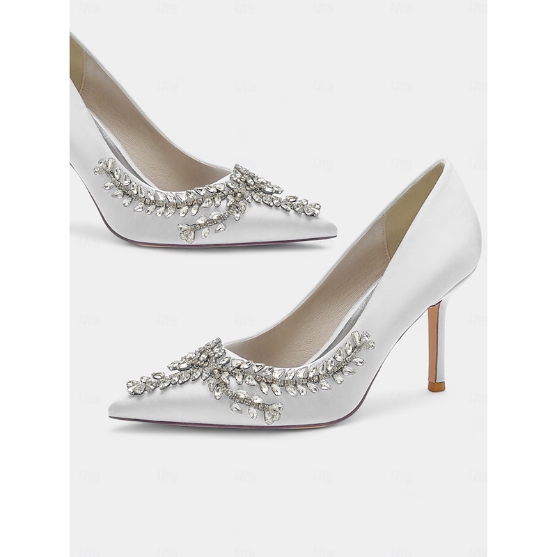 Women's Rhinestone-Embellished Satin Stiletto Heels – Elegant Pointed Toe Pumps for Evening Parties and Formal Events 10