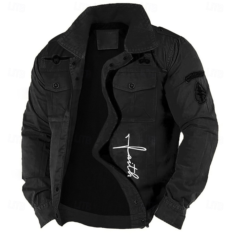 Men's Cotton Embroidered Military Jacket Cargo Jacket with Shoulder Straps Long Sleeve Standing Collar Multi-Pockets Coat Trucker Jacket Faith Letter Print Tactical Outerwear2