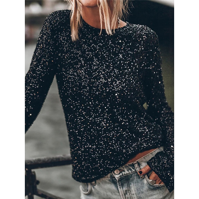 Women's Shirt Sequin Sparkly Party Solid Color Basic Casual Long Sleeve Crew Neck Regular Tops Party Sequins Backless Silver Black Fall Winter2