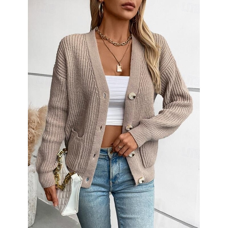 Women's Cardigan Casual Pure Color V Neck Knitted Long Sleeve Regular Tops Knit Daily Black Pink Fall Winter4