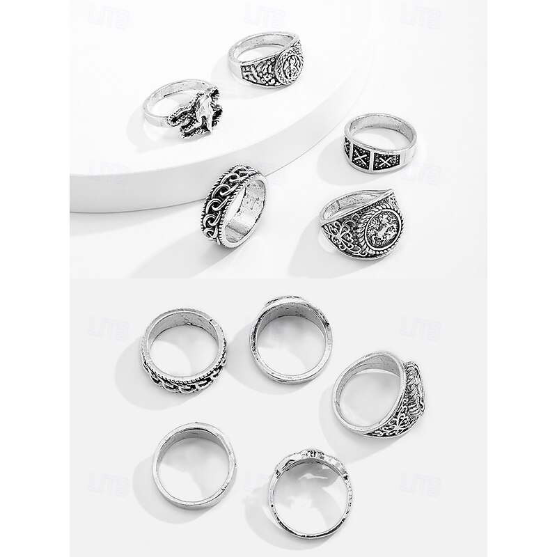 Vintage Style Men's Silver Alloy Ring Set with Geometric and Engraved Patterns – Retro Fashion Accessories for Everyday Wear3