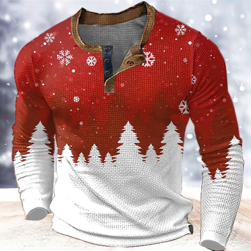 Christmas Men's Christmas Scene Henley T Shirt Graphic Tree Snowflake Fashion Designer Casual 3D Print Henley Waffle Sports Outdoor Holiday Festival Blue Red & White Purple Long Sleeve Henley Shirt4