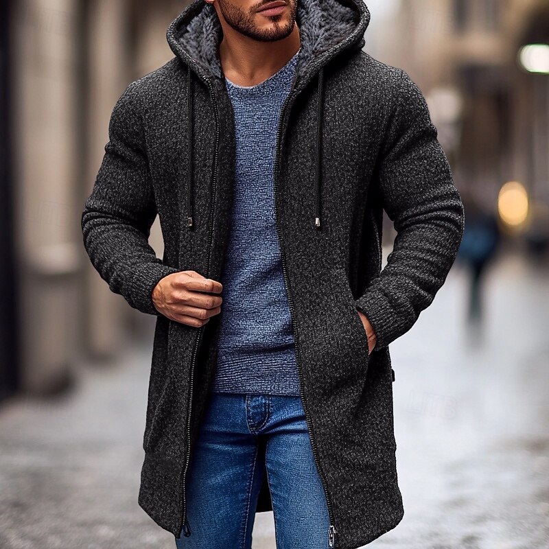 Men's Christmas Sweaters Cardigan Chunky Knit Regular Zipper Pocket Solid Color Hoodie Knitwear Elegant Home Work Clothing Apparel Bishop Sleeve Spring Fall Black Red M L XL3