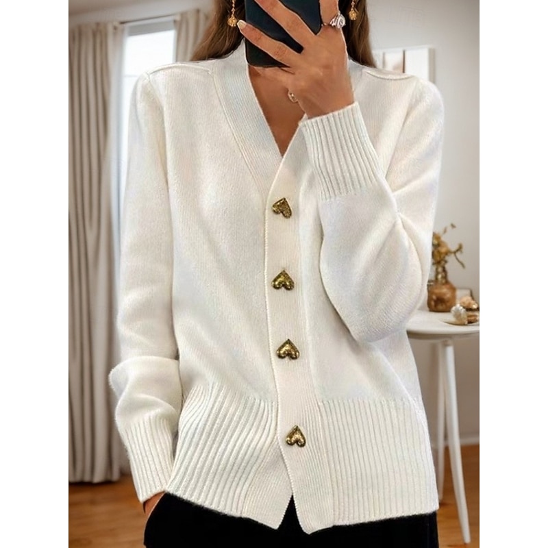 Women's Valentine Pink Sweater Cardigan Sweater Jacket V Neck Knit Button Knitted Spring Fall Daily Holiday Going out Cute Daily Soft Long Sleeve Pure Color Black White3