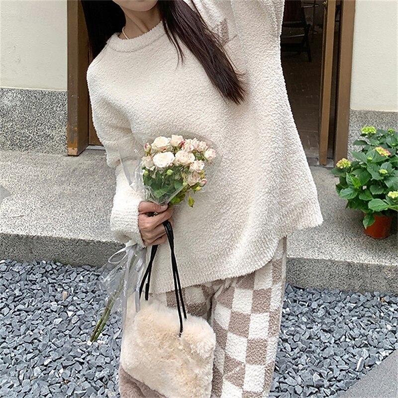 Women's Pajamas Loungewear 2 Pieces Graphic Warm Comfort Home Daily Fleece Warm Breathable Crew Neck Long Sleeve Pullover Pant Fall Winter Home Outfits