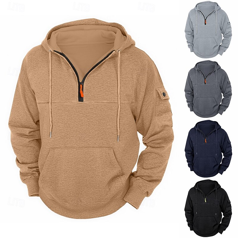 Men's Hoodie Zip Sweatshirt Fleece Hoodie Tactical Black Navy Blue Khaki Light Grey Dark Gray Hooded Half Zip Plain Pocket Work Sports & Outdoor Casual Streetwear Basic Casual Spring & Fall