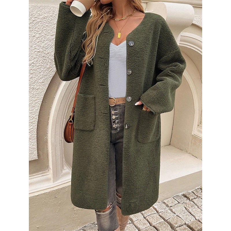 Women's Winter Coat Outdoor Street Daily Wear Fall Winter Long Coat Regular Fit Thermal Warm Breathable Stylish Casual Jacket Long Sleeve Plain with Pockets Army Green Khaki Apricot3