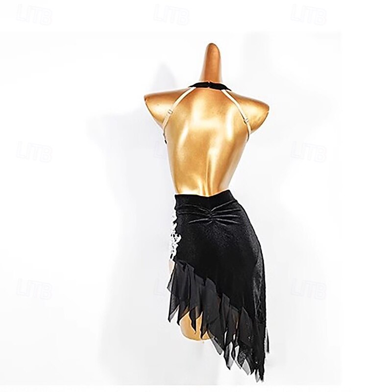 Latin Salsa Dance Dress Ruffles Tassel Splicing Women's Performance Party Sleeveless Mesh Velvet2