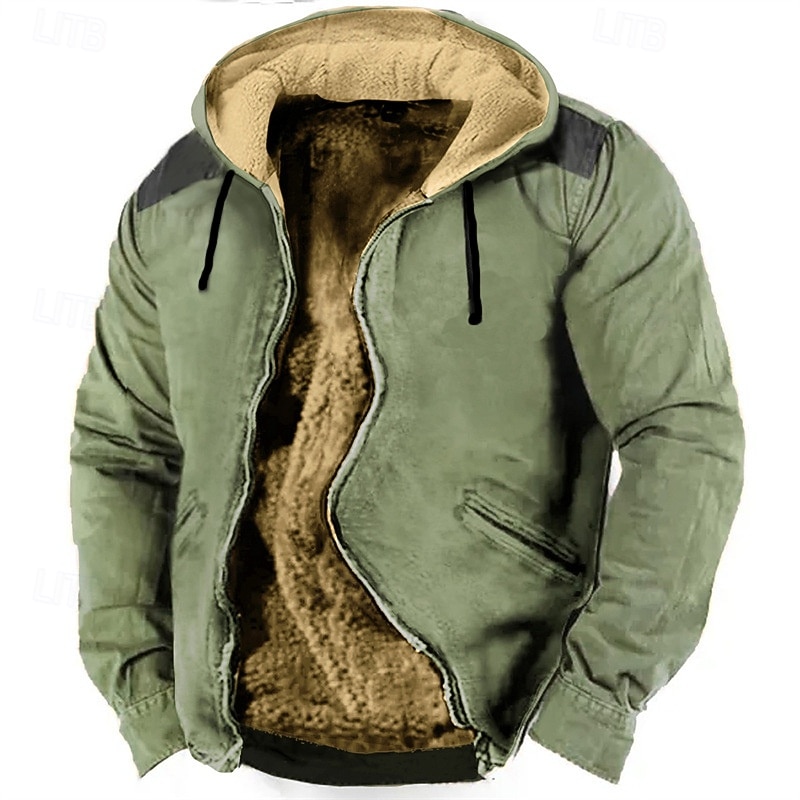 Men's Full Zip Hoodie Zip Up Hoodie Fuzzy Sherpa Fleece Jacket Fleece Hoodie Blue Brown Green Khaki Hooded Plain Zip Up Zipper Pocket Sports & Outdoor Daily Weekend Polyester Vintage Cool Casual Fall4