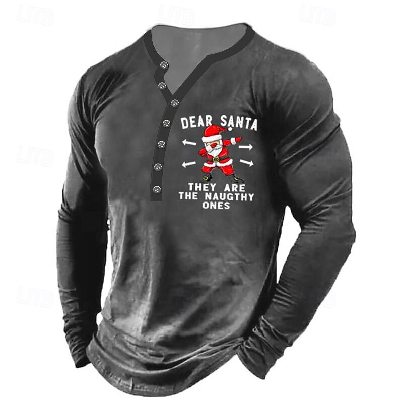 Christmas Men's Santa Claus Henley T Shirt Tee Henley Tee Graphic Santa Claus Henley Black Wine Army Green Navy Blue Gray 3D Print Outdoor Long Sleeve Button-Down Print Clothing Apparel Designer3