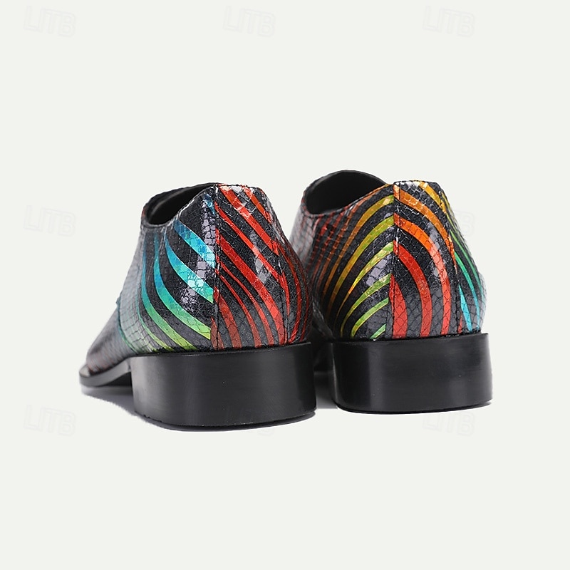 Men's Multicolor Snakeskin Leather Dress Shoes – Pointed Toe Lace-Up Shoes with Metal Tip for Formal and Fashion-Forward Occasions 9