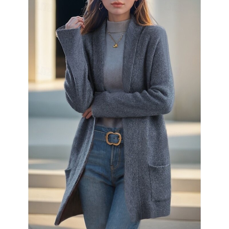 Women's Sweater Cardigan Sweater Jacket Shirt Collar Knit Pocket Knitted Spring Fall Home Daily Weekend Daily Casual Soft Long Sleeve Pure Color Black Camel4