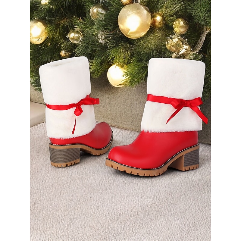 Women's Christmas Santa Boots with Faux Fur Trim and Red Bow – Festive Holiday Footwear for Winter Parties2