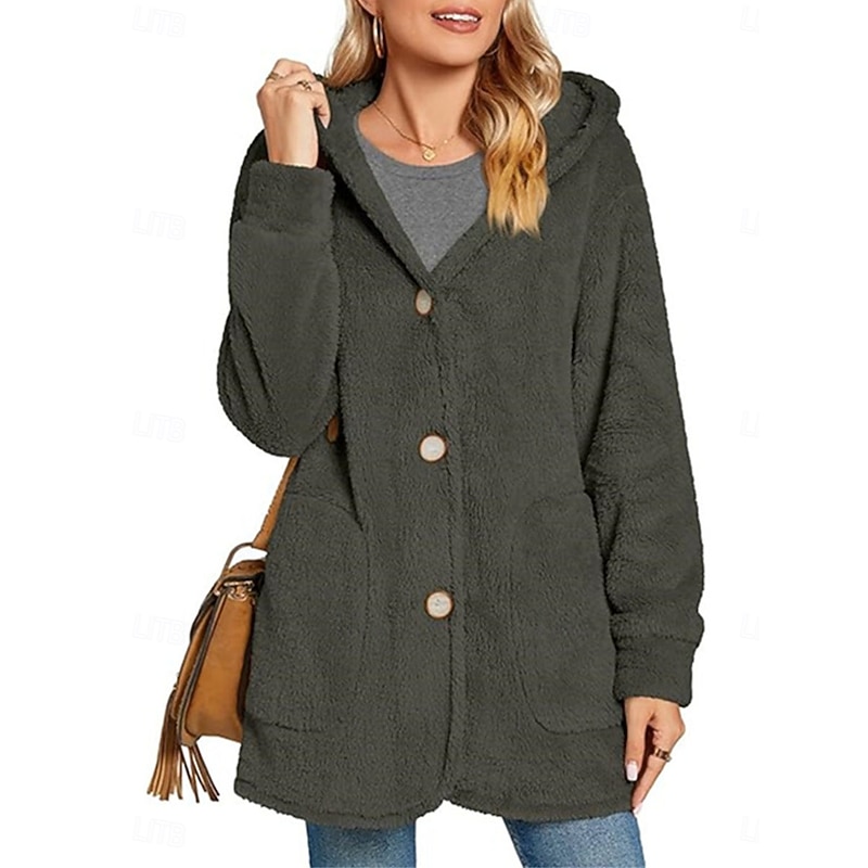 Women's Fleece Jacket Teddy Coat Hoodie Jacket Warm Breathable Pocket Fleece Lined Casual Plain Vacation Street Daily Wear Going out Single Breasted Regular Hoodie Regular Fit Long Sleeve Outerwear4