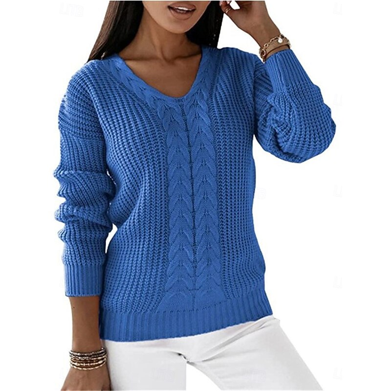 Women's Sweater Pullover Sweater Jumper Casual Soft Pure Color Ribbed V Neck Knitted Long Sleeve Regular Tops Knit Outdoor Daily Weekend White Blue Fall Winter