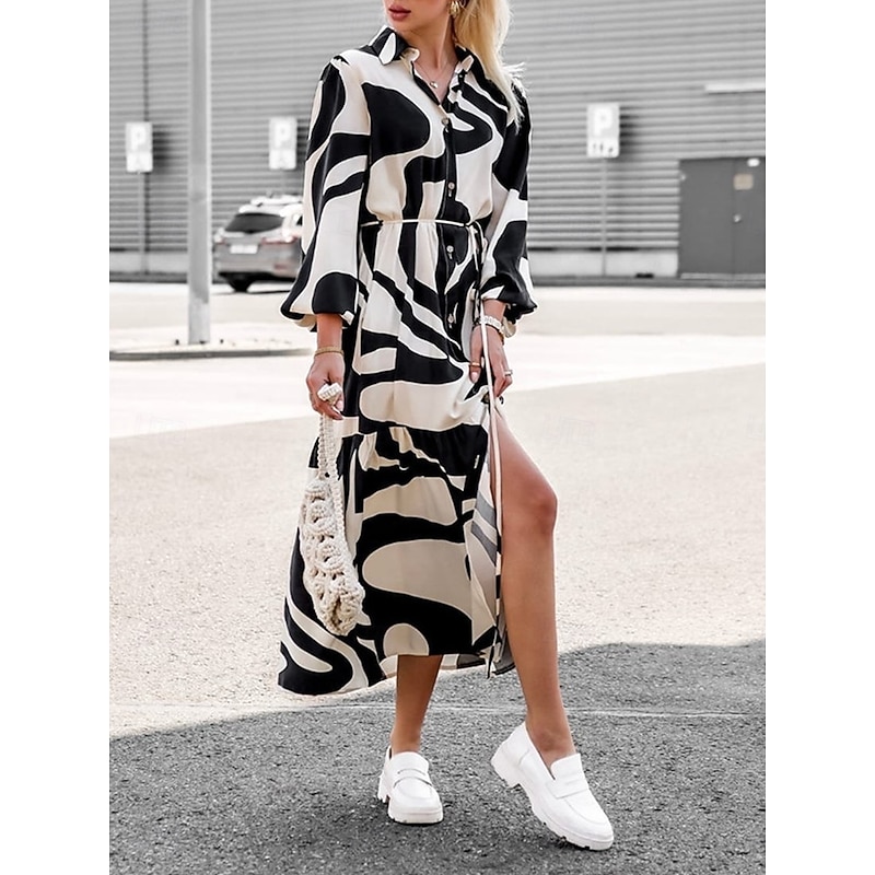 Women's Color Block Shirt Collar Maxi Dress Long Sleeve Spring Fall