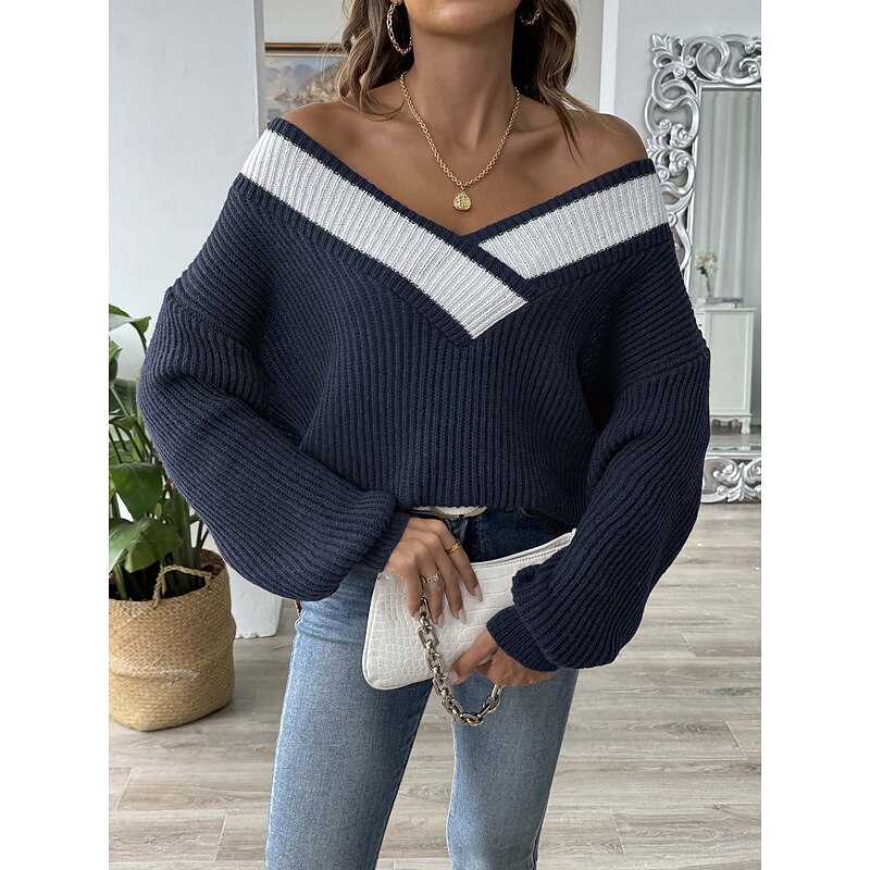 Women's Sweater Pullover Sweater Jumper Casual Soft Pure Color Ribbed V Neck Knitted Long Sleeve Regular Tops Knit Outdoor Daily Weekend Black Navy Blue Fall Winter2