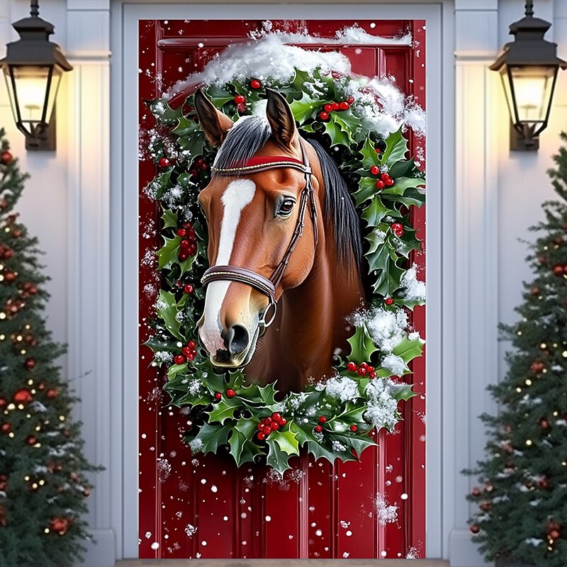 Christmas Door Decorations Door Covers Xmas Wreath Door Tapestry Door Curtain Decoration Backdrop Indoor/Outdoor Door Banner for Front Door Farmhouse Animal Horse