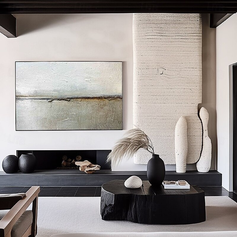 Large Creamy Beige Abstract Geometric Oil Painting Handmade sea painting Hand Painted Modern Wabi Sabi Wall Art Brown and Black Minimalist Wall Art Beige Textured Painting3