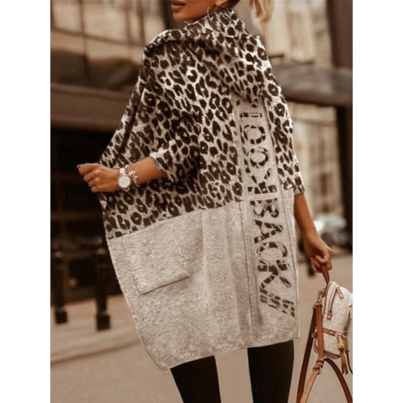 Women's Sweater Cardigan Casual Soft Leopard Ribbed V Neck Pocket Knitted Print Long Sleeve Long Tops Knit Outdoor Daily Weekend Brown Light Grey Fall Winter2